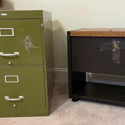Cole Green Locking File Cabinet (1) & Marvel Locking Table On Castors (1)