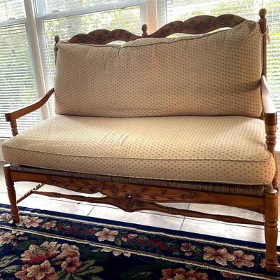 French Country Wooden Frame Rush Seat Bench W/Cushions 