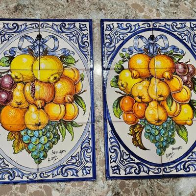 Hand-Painted Signed 'Fruit Theme' Terracotta Tile 12x18" Mural (2)