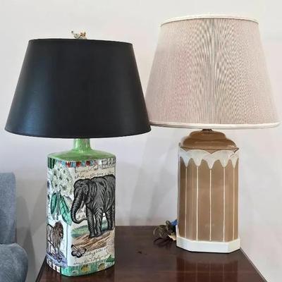 John Derian Porcelain 'Animal' Theme (1) + Ceramic Deco Style 'Lily' Theme (1) Table Lamps 