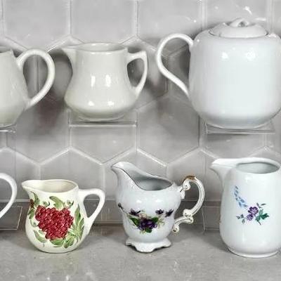 Hall Teapots & Creamer (3), Dansk Teapot (1 ) + Assorted Creamers (5)