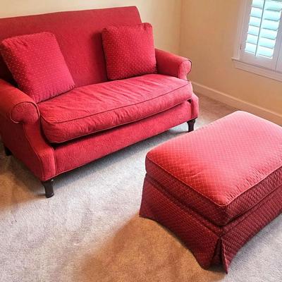 Red Upholstered Loveseat (1) + Matching Ottoman (1)