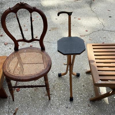 Cane Chair (1), Wood Bench (1), Cane Seat (1), & Folding Wood Table (1)