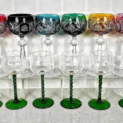 Nachtmann Traube 'Cut to Clear' Crystal Hock Wine Glasses (6) + Ethched Green Stem Wine Glasses (6)