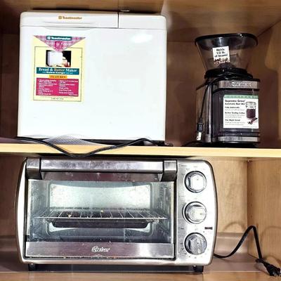 Oster Toaster Oven (1), Toastmaster Breadmaker (1) + Cuisinart Coffee Grinder (1)