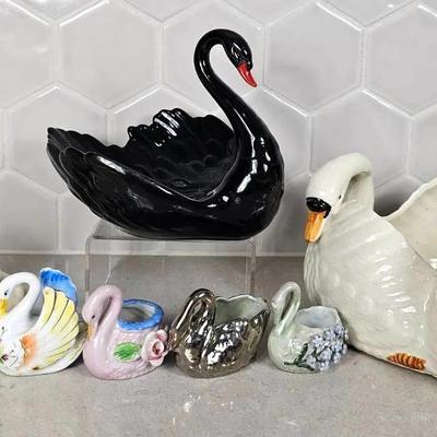 Handmade Porcelain Swans Made In Japan (5) + Germany (2)
