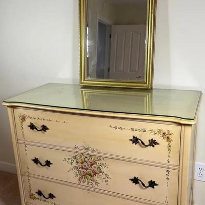 Hand Painted 3-Drawer Dresser W/Glass Topper (1) + Gold-Tone Wall Mirror (1)