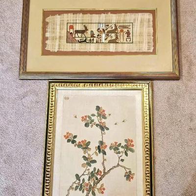 Egyptian (1) + Japanese (1) Hand-Painted Framed Silk Art