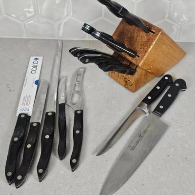 J. A. Henckels Kinves (2), Cutco Knives (13) + Cutco Wooden Knife Block (1)