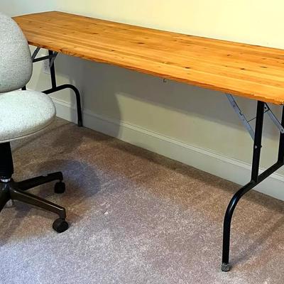 Wooden Top Folding Table (1) Upholstered Rolling Office Chair (1)