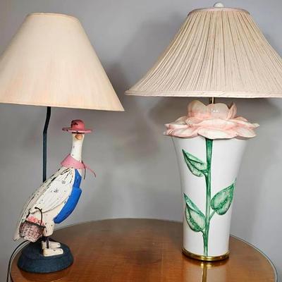 Chapman 1984 Ceramic Rose (1) + Wooden Goose (1) Table Lamps