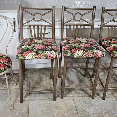Upholstered Metal Frame 'Floral' Theme Chair (1) + Matching Counter Stools (3)