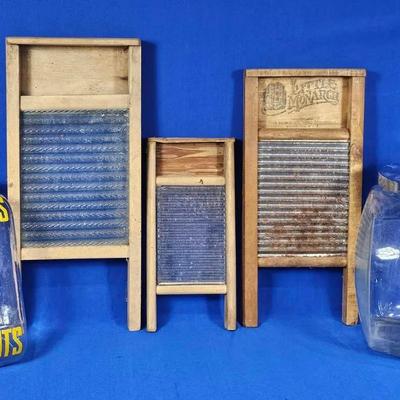 Planters Peanuts (1) & Penny Candy (1) Counter Jars + Mini Wooden Washboards (3)