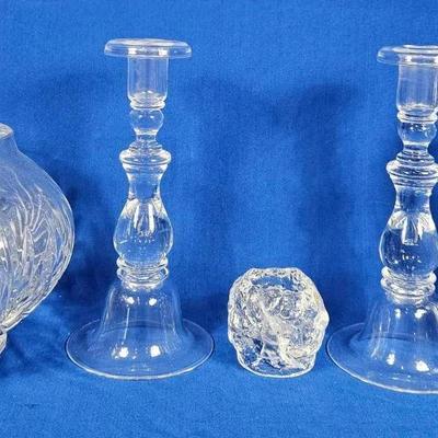 Steuben Teardrop Crystal Candlesticks (1), Cut Crystal Vases (2) + Kosta Boda Crysta Votive (1)