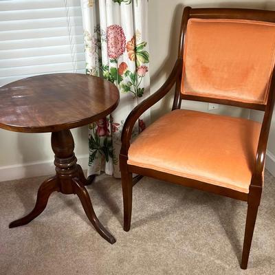 A.C. Furniture Co. Orange Upholstered Wooden Arm Chair (1) Wooden Side Table (1)