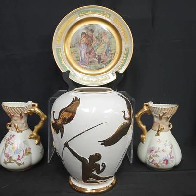 Portuguese Figural Vase, Pair of Gilded Floral Ewers, and Hand-Painted Scenic Plate