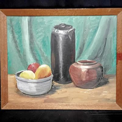 Still Life with Vessels and Fruit – Mid-Century Oil Painting on Board
