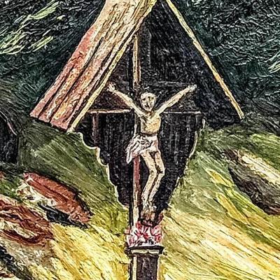 Vintage Alpine Landscape with Crucifix, Signed “J. Tairuch”