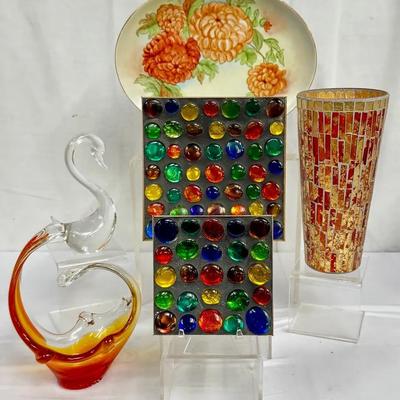 Mosaic Rainbow Pebble Plates, Mosaic Vase, Murano Style Fluid Sculptural Basket + More! 