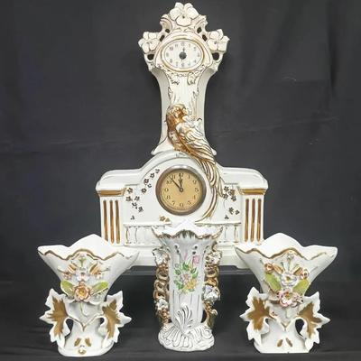 European Porcelain Mantel Clock & Vase Ensemble