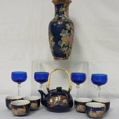 Asian Decorative Lot — Hand-Painted Cloisonné Vase, Vintage Cobalt Teapot Set & Cobalt Glasses