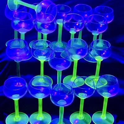 Twenty 1900's Vintage Uranium/Vaseline Glass Liquor Goblets