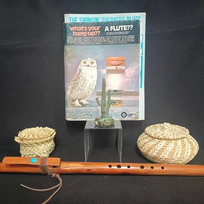Tohono O’odham Basket, Turquoise-Inlaid Flute, Vintage Music Books & Cactus Sculpture