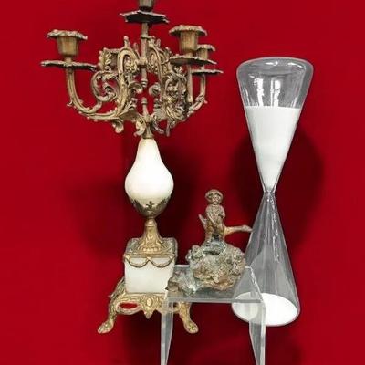 Large Glass Hourglass, Gilded Metal Candelabra W/ Quartz Accent And Bronze Boy W/ Goose Figurine