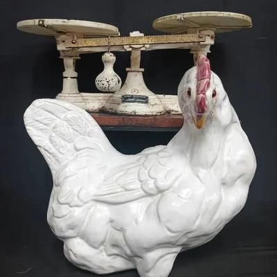 Antique Henry Troemner No. 3 Cast Iron Balance Scale & Large Ceramic Hen Figurine