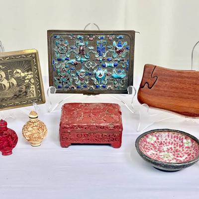 Asian Decorative Boxes & Snuff Bottles — Porcelain, Brass, Wood & Cinnabar