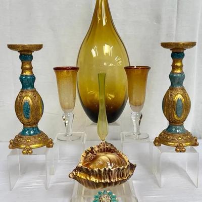 Decorative Mixed Lot — Amber Glass, Faux Marble Candle Holders & Phil-Mar Shell Box