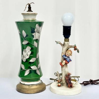 Vintage Hollywood Regency Hand Painted Floral Signed Table Lamp And Goebel/Hummel Porcelain Lamp
