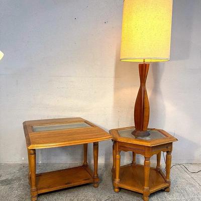 Vintage Oak End Tables with Glass Insets & Mid-Century Style Lamp