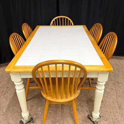 Farmhouse-Style Tile-Top Dining Table with 6 Windsor Chairs