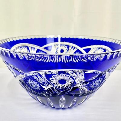 Bohemian Czech Cobalt Clear Crystal Bowl With Starburst Motif