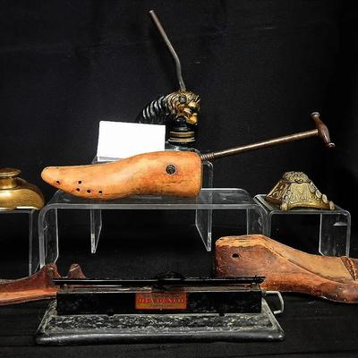 Antique Office w/Inkwells, Cast Iron Embosser & Cobbler’s Tools