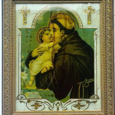 Antique Reverse-Painted Glass Icon of Saint Anthony