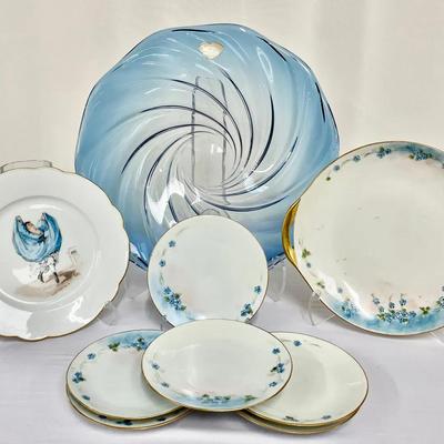 MCM Val St. Lambert Cristal Belgium Blue Swirl Plate & Porcelain Plates