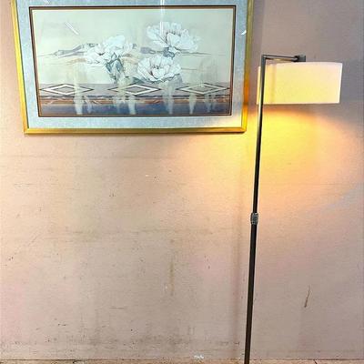 Modern Brushed Steel Floor Lamp Set & Framed Floral Wall