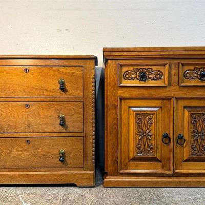 Pair of Vintage Wooden Storage Cabinets – Carved 2-Door Cabinet & 3-Drawer Chest 