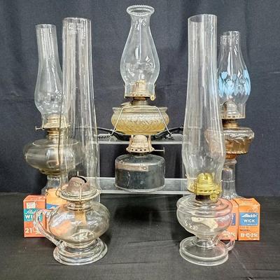 Collection of Vintage and Antique Glass Oil Lamps (7 Pieces, with Accessories)
