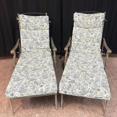 Pair of Outdoor Adjustable Chaise Lounge Chairs with Cushions and Table