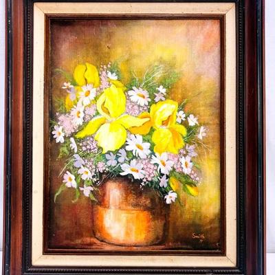 Signed, Floral Still Life of Yellow Irises and Daisies Painting 