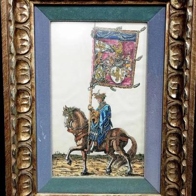 Mounted Knight with Heraldic Banner – Hand-Colored Print in Ornate Frame