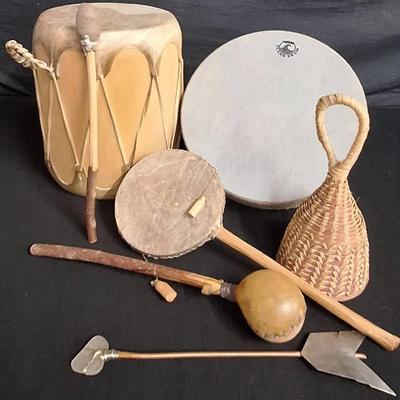 Vintage Taos Drum, Remo Ocean Drum, Hand Held Rawhide Twist Drum, And More