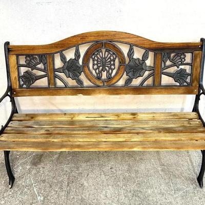 Cast Iron & Wood Garden Bench with Butterfly Back Design
