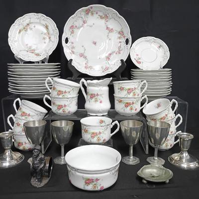 Antique Bavarian Porcelain Dinner Service with Silverplate Accents
