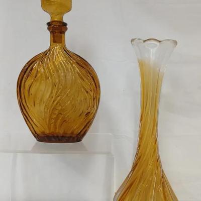Mid Century Italian Amber Glass Decanter+Bohemia Czech Vase 