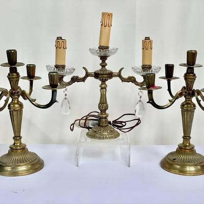 Antique Brass Candelabra Style Lamp & Candle Holders (x2)