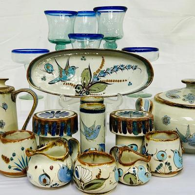 Ken Edwards Mexican Stoneware Pottery Collection w/Handblown Blue Rim Glass Stemware